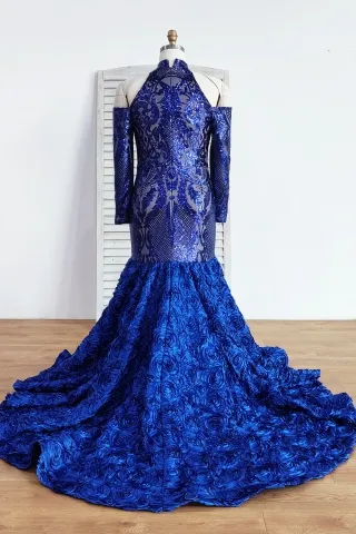 blue cold shoulder chapel train mermaid sequin prom dress