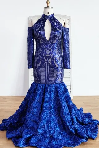 blue sequin rosette keyhole neck mermaid prom dress