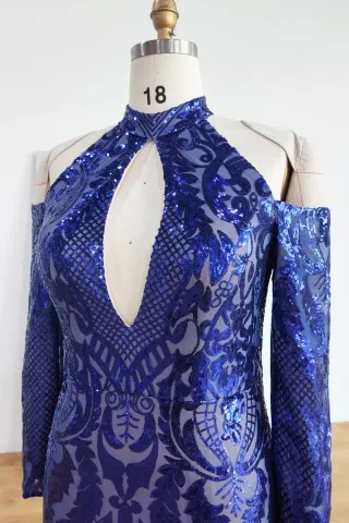 royal blue keyhole neck sleeved bodice