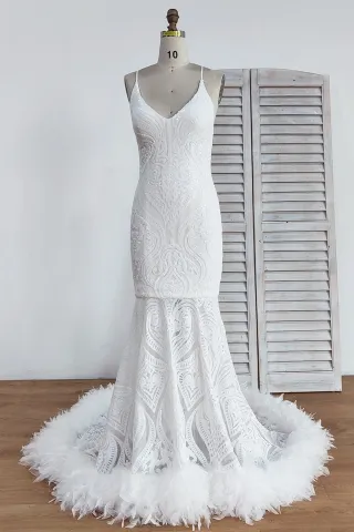 unique white sequin with feather mermaid prom dress