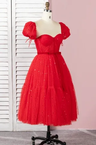 sequin red puff sleeve homecoming dress