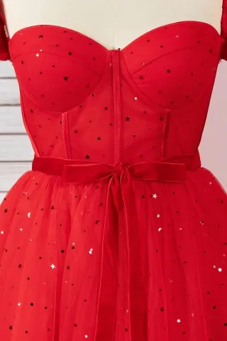 sequin red puff sleeve tea length homecoming dress