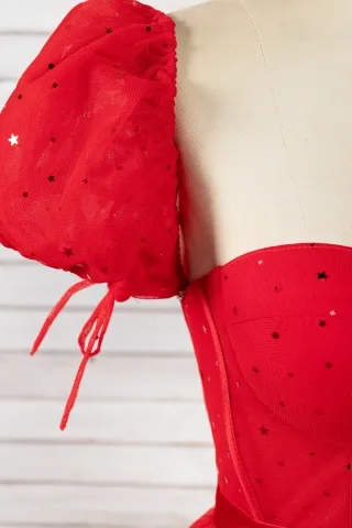 sequin red puff sleeve tea length party dress