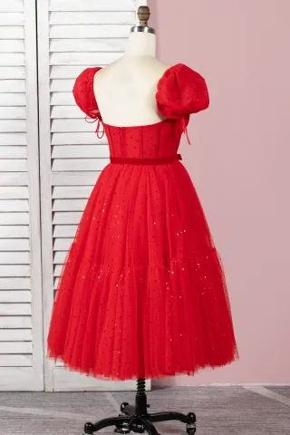 sequinned red tulle short homecoming dress
