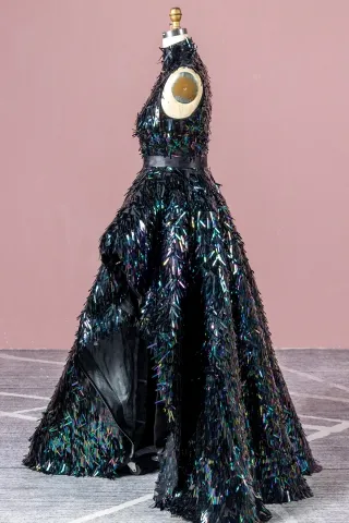 dazzling iridescent midnight long sword pattern sequin prom gown