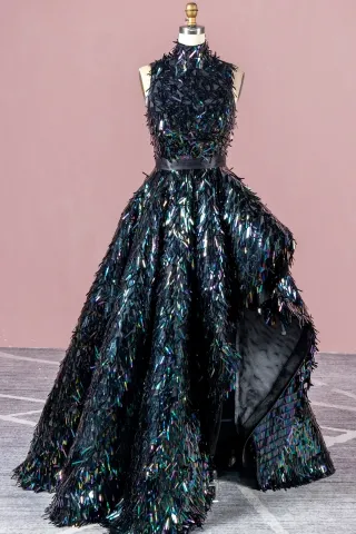 dazzling iridescent midnight long sword sequin prom gown