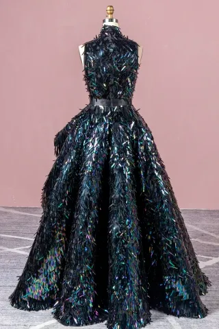 iridescent midnight long sword sequin high neckline prom gown