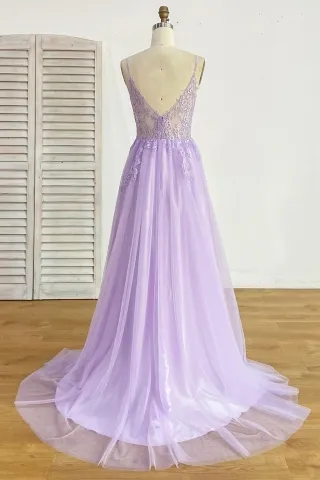 sexy illusion sheer lilac floral lace and tulle A line evening prom dress