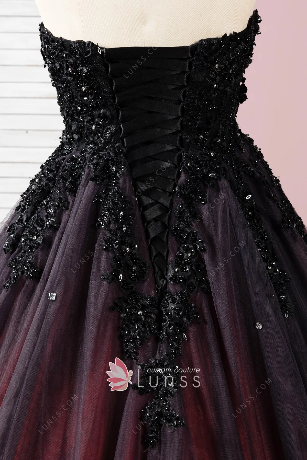 Gown : Black net red thread embroidered gown