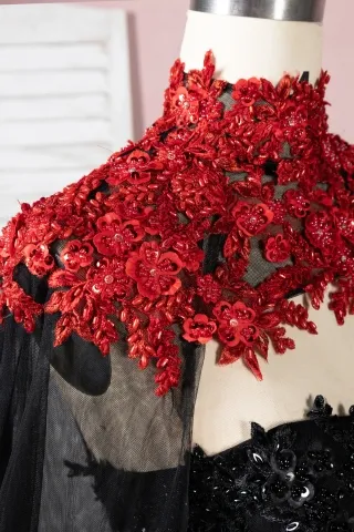 beaded red lace appliqued high neckline