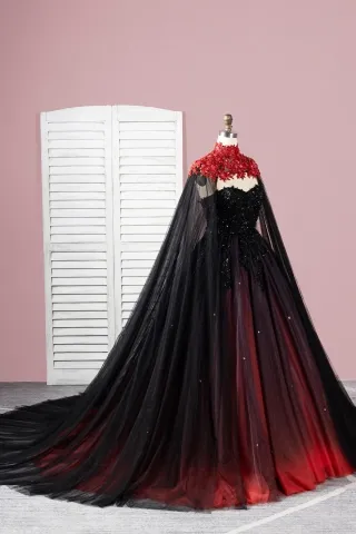 Gorgeous Black to Red Ombre Ball Gown with Cape Wrap - Lunss