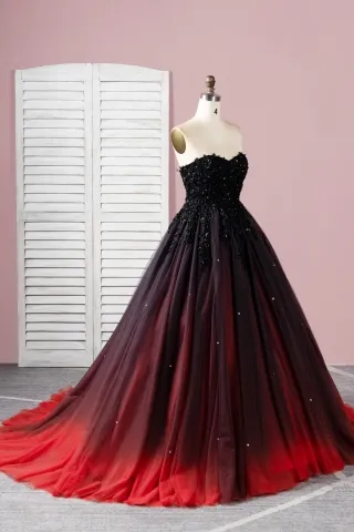 black to red tulle ombre ball gown