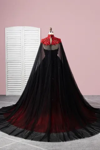 strapless sweetheart beaded lace appliqued black to red ombre ball gown
