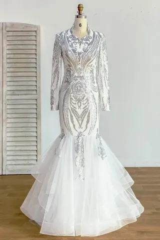 stand collar long sleeve silver sequin trumpet prom dress