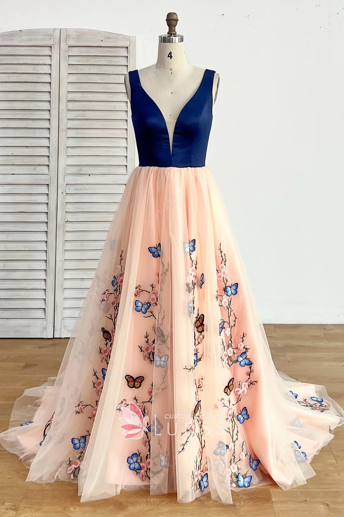 Butterflies and Peach Blossom Adorned Formal Dress Lunss