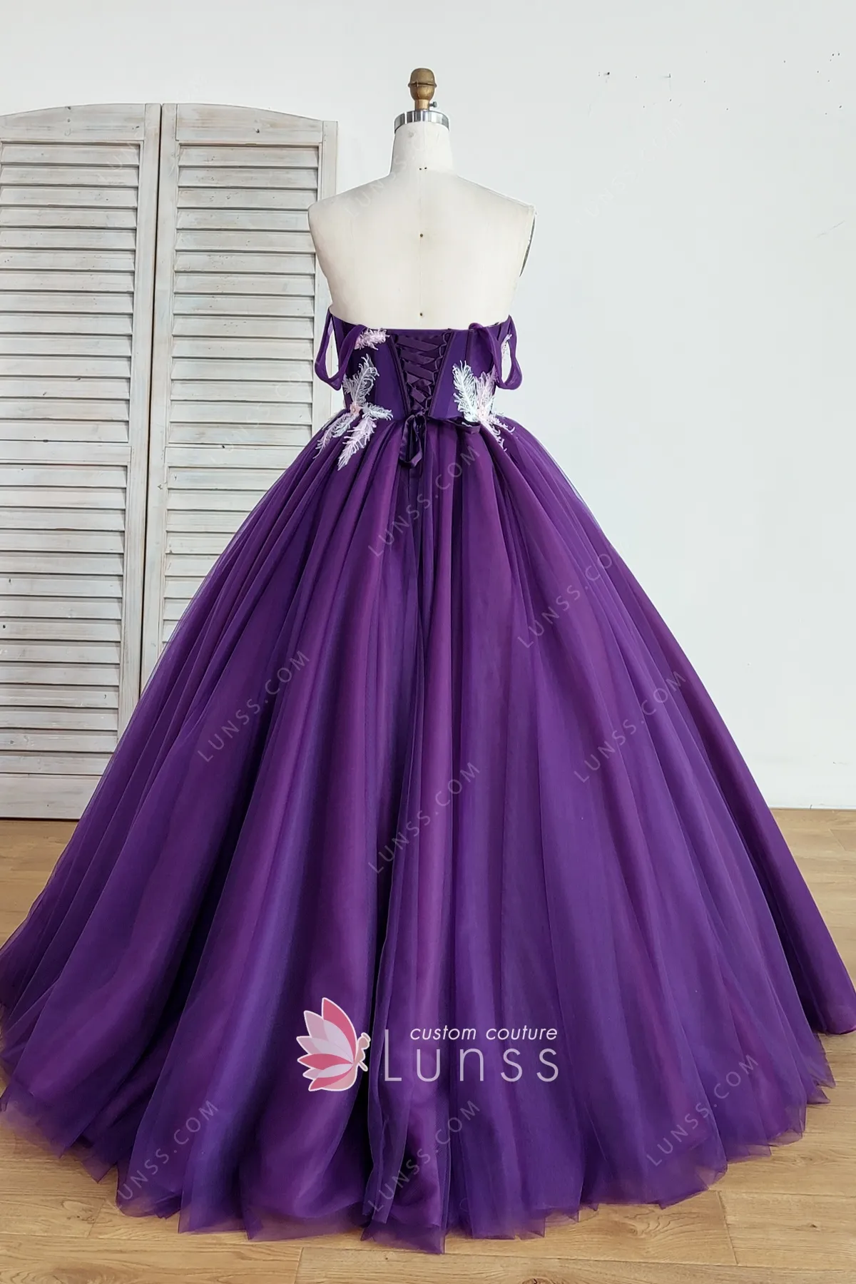 Lunss Scattering Feather Appliqued Purple Tulle Ball Gown Dress