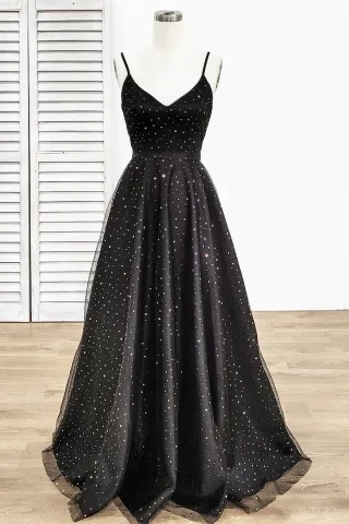 gold star moon embellished black a line formal dress