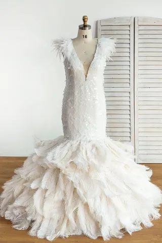 white feather and sequin trumpet unique prom dress