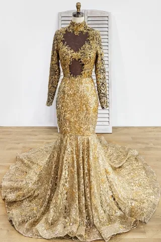 luxury gold glitter lace mermaid long sleeve formal dress