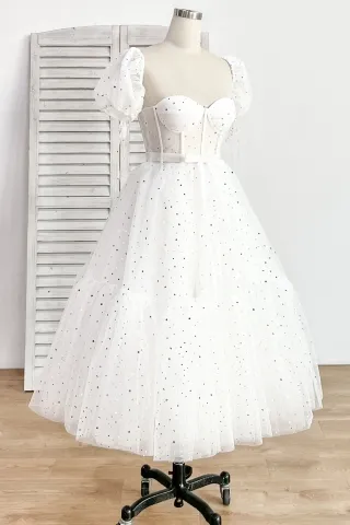 gold stars moons white puff sleeve dress