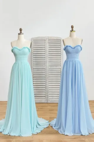 3d floral neckline blue chiffon a line bridesmaid dress