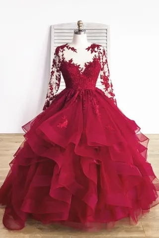 beaded wine illusion lace sleeve flounced tulle ball gown