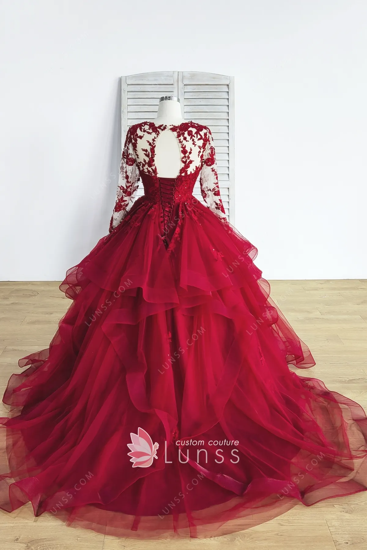 Beaded Wine Illusion Lace Sleeve Flounced Tulle Ball Gown - Lunss