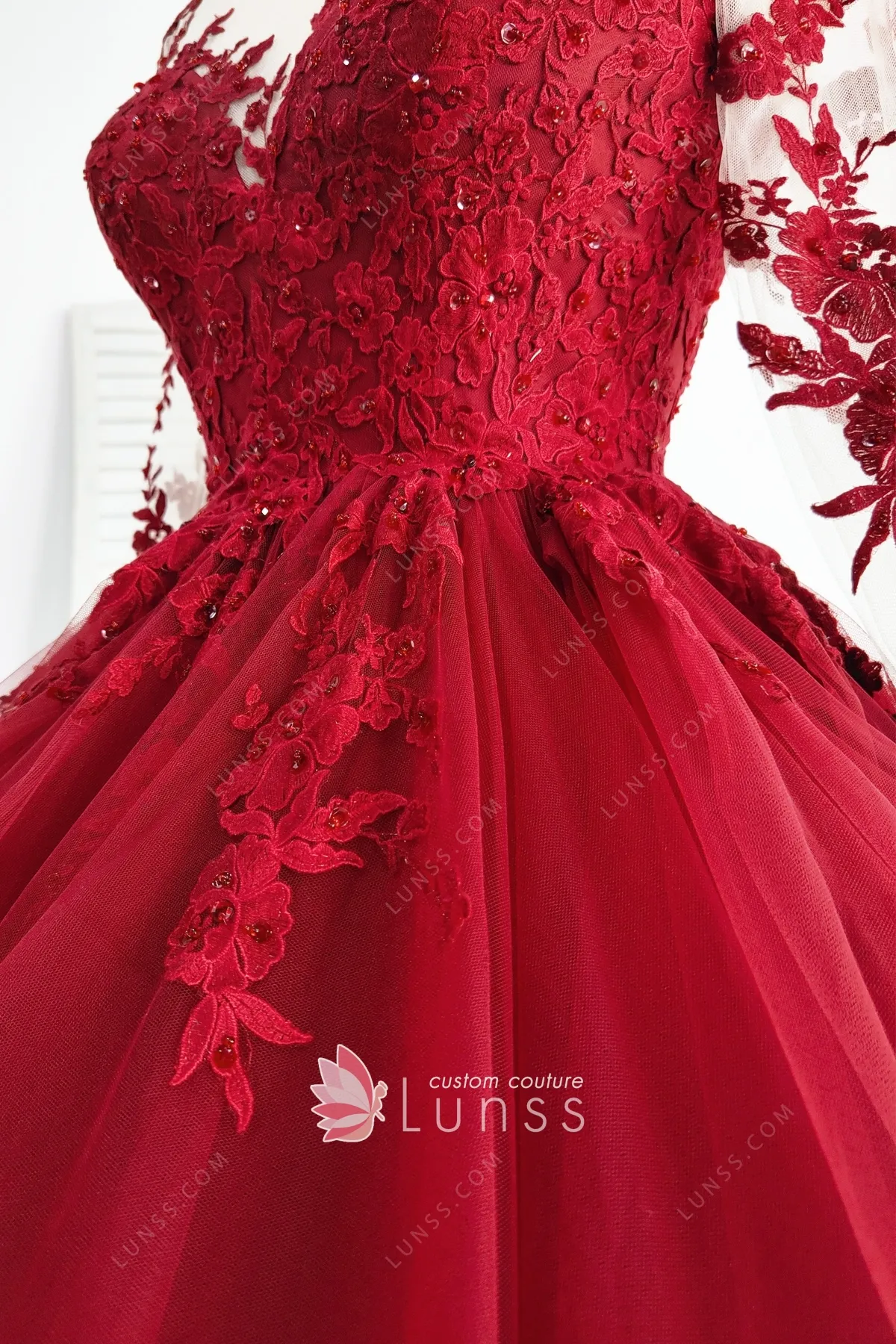 Illusion Sleeve Tulle Ball Gown High-Neck Cathedral Bridal Dress, Lace