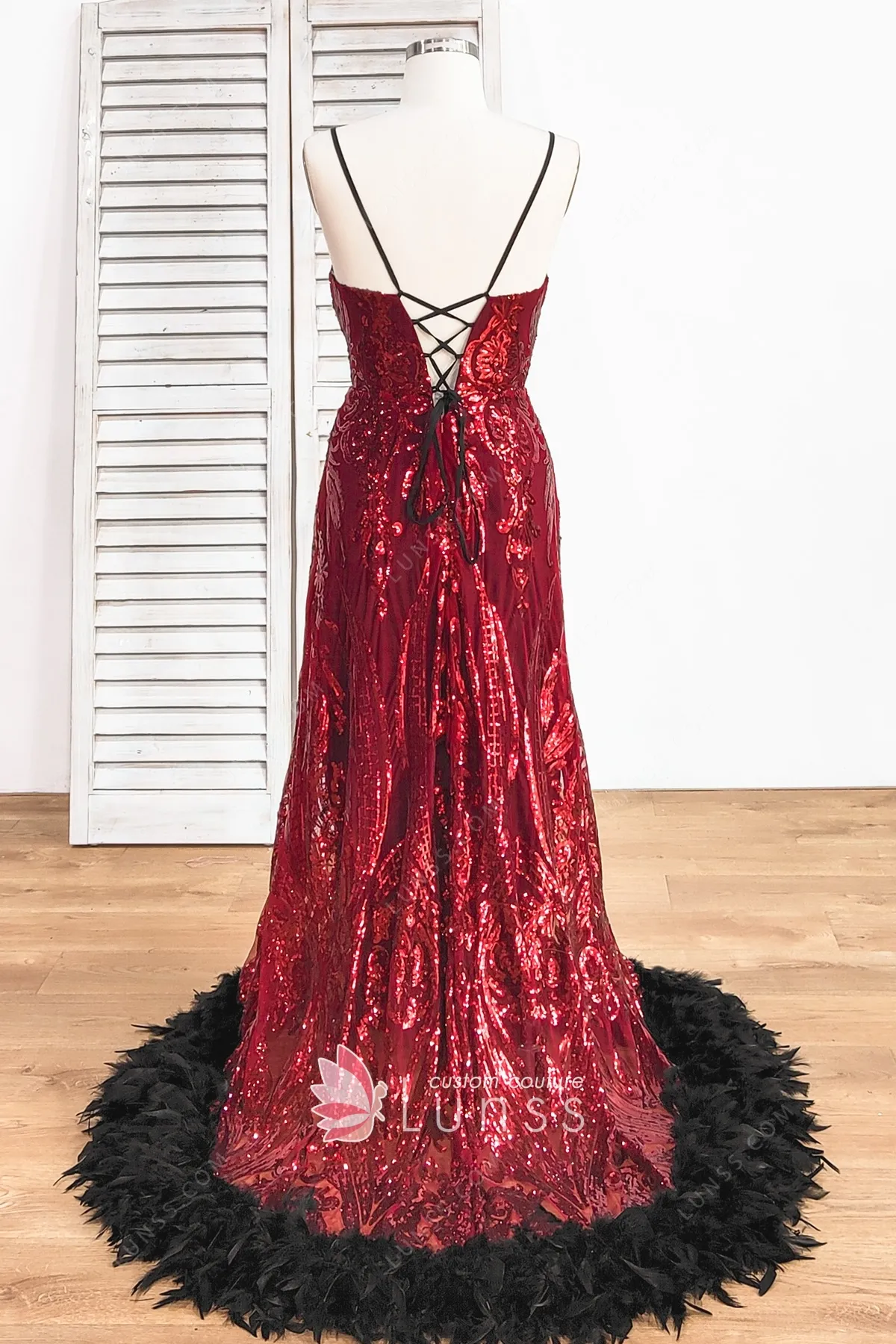 Unique Pattern Burgundy Sequin Black Feather Prom Dress Lunss