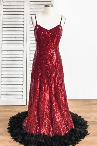 unique pattern burgundy sequin black feather prom dress