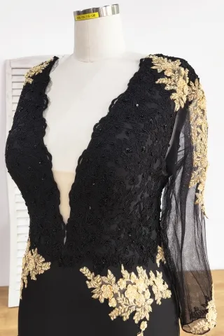 gold floral lace appliqued black lace plunging neckline dress