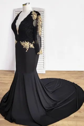 gold floral lace black mermaid prom gown