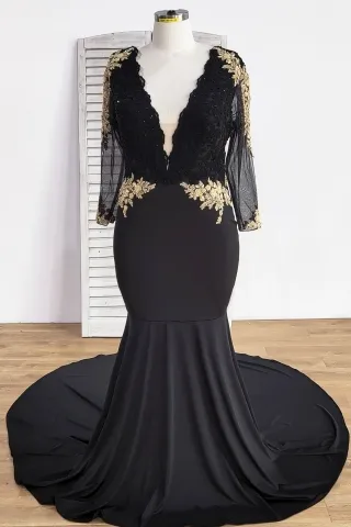 gold floral lace black spandex mermaid prom dress