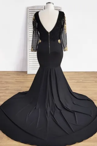 zipper up V back long train mermaid prom dress