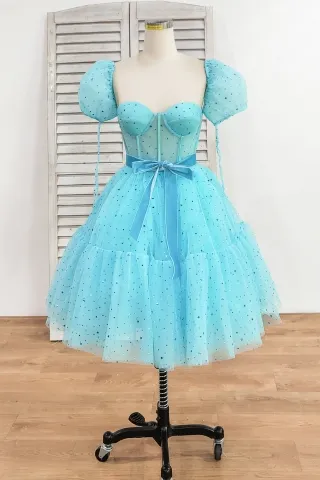 stars moons sequinned pool short puff sleeve party dress