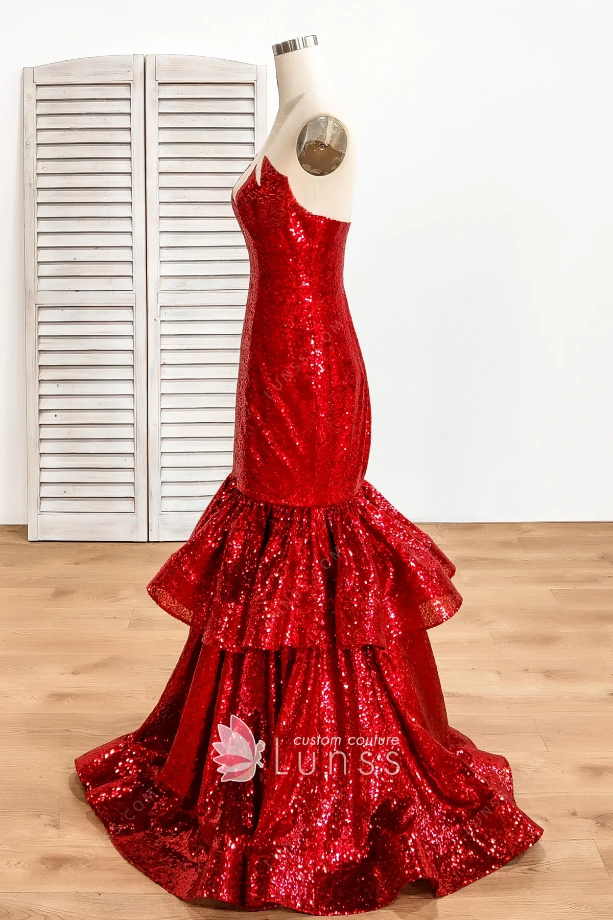 Red Unique Sequin Plus Size Ruffled Tulle Trumpet Custom Made Prom Gown main image 1