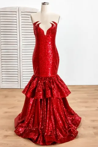 sparkly red sequin flame neckline trumpet long prom dress