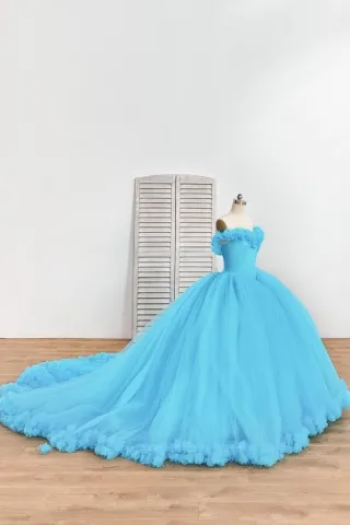 3d flowers pool blue tulle ball gown