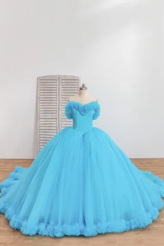 amazing 3d flowers basque waist pool blue tulle ball gown