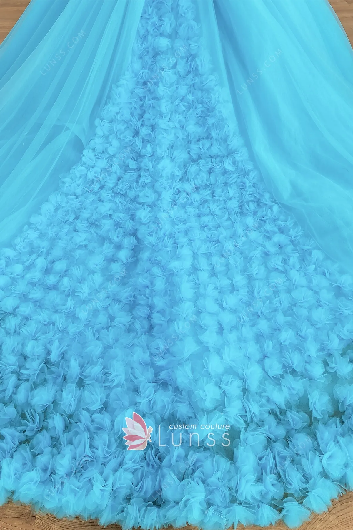 Cute Floral Appliqued Tulle Ball-Gown with 3D Butterfly Accents Dusty Blue
