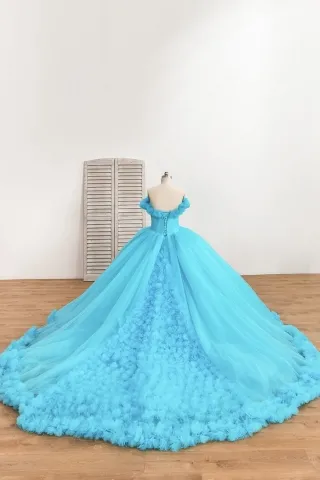 long train with handmade 3D flowers decoration