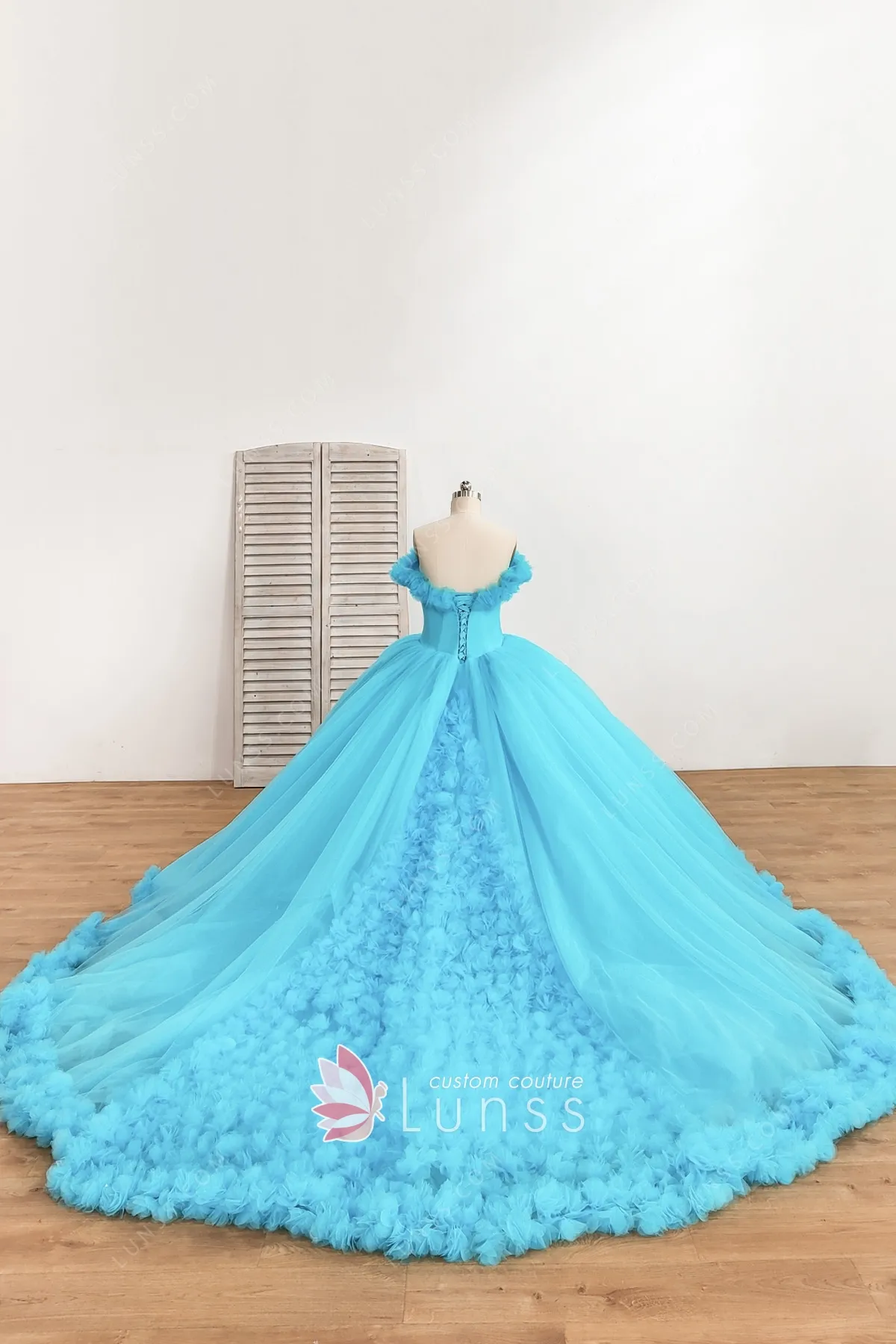 Cute Floral Appliqued Tulle Ball-Gown with 3D Butterfly Accents Ink Blue