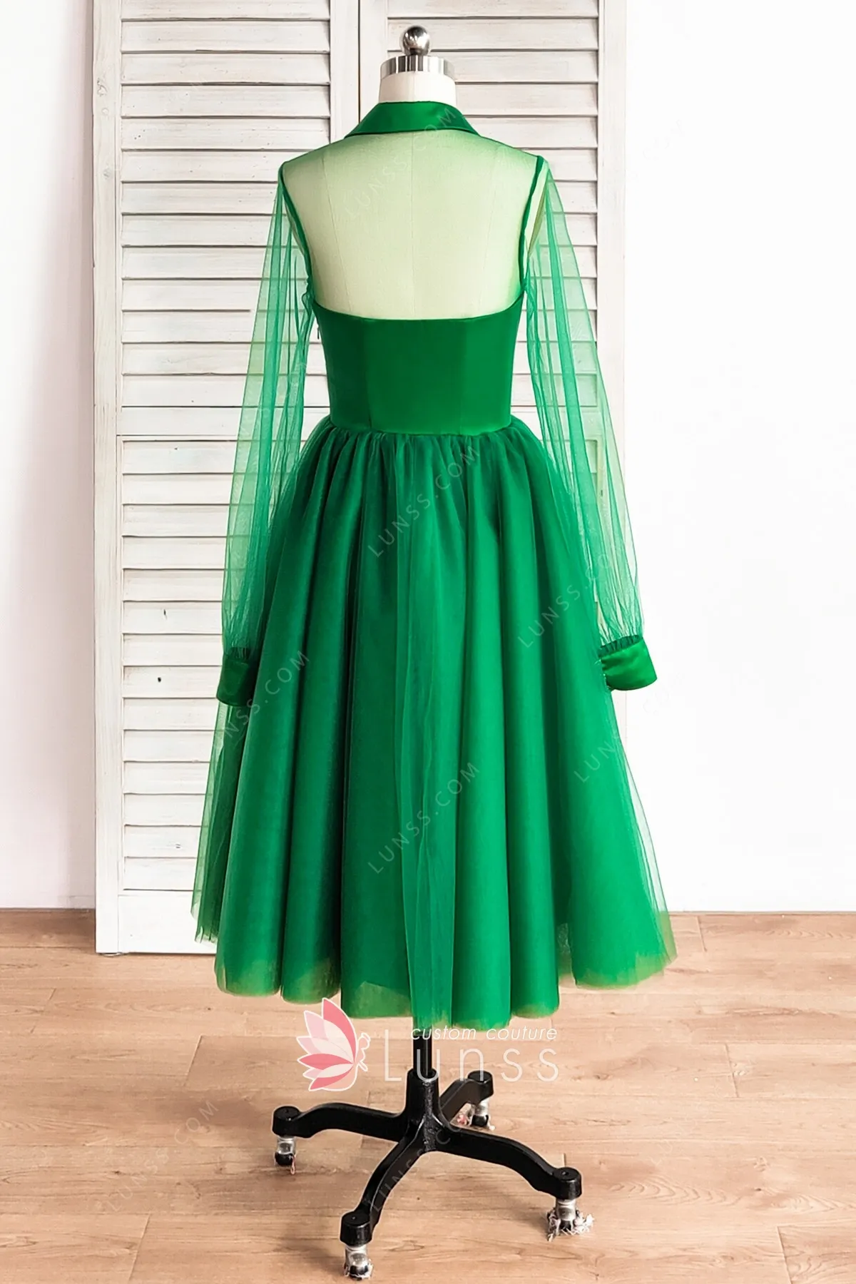 Shirt Collar Green Satin Tulle Tealength Cocktail Dress Lunss