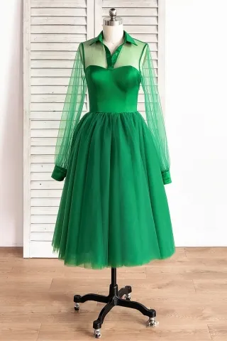 shirt collar green satin tulle tea length cocktail dress