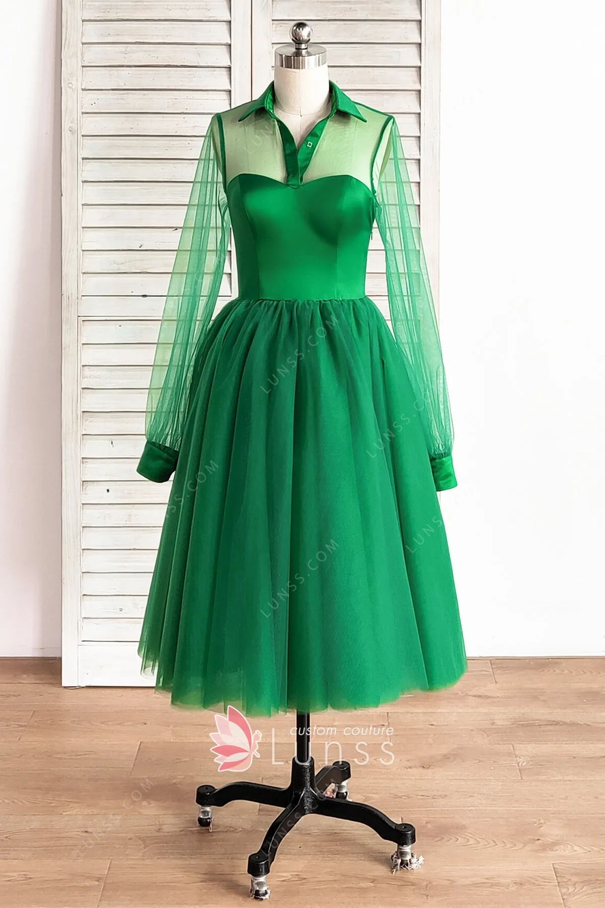 Shirt Collar Green Satin Tulle Tealength Cocktail Dress Lunss