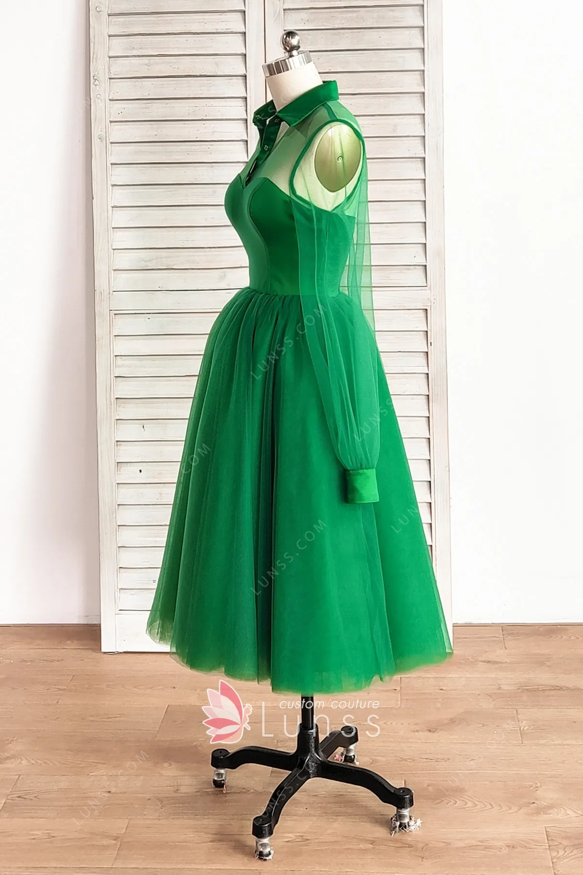 Shirt Collar Green Satin Tulle Tealength Cocktail Dress Lunss