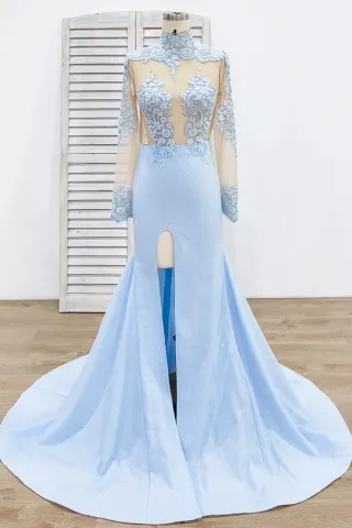 beaded lace glitter ice blue satin mermaid prom dress
