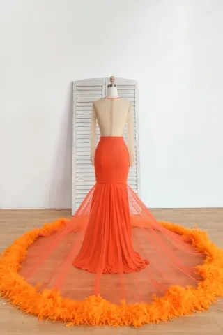 beaded bodice orange spandex African American prom dress with feather hemline long train