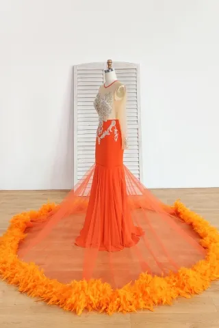 beaded orange feather long train dress