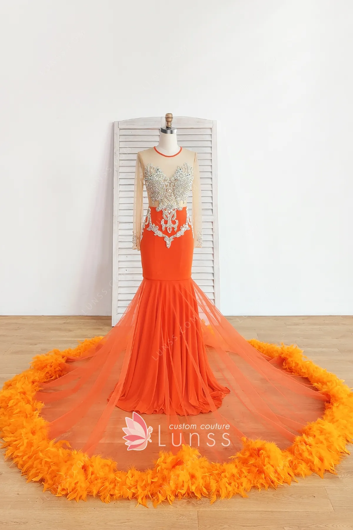 orange feather dress